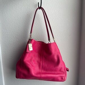 Fuchsia Coach Leather Shoulder Bag with Gold-Tone Plaque